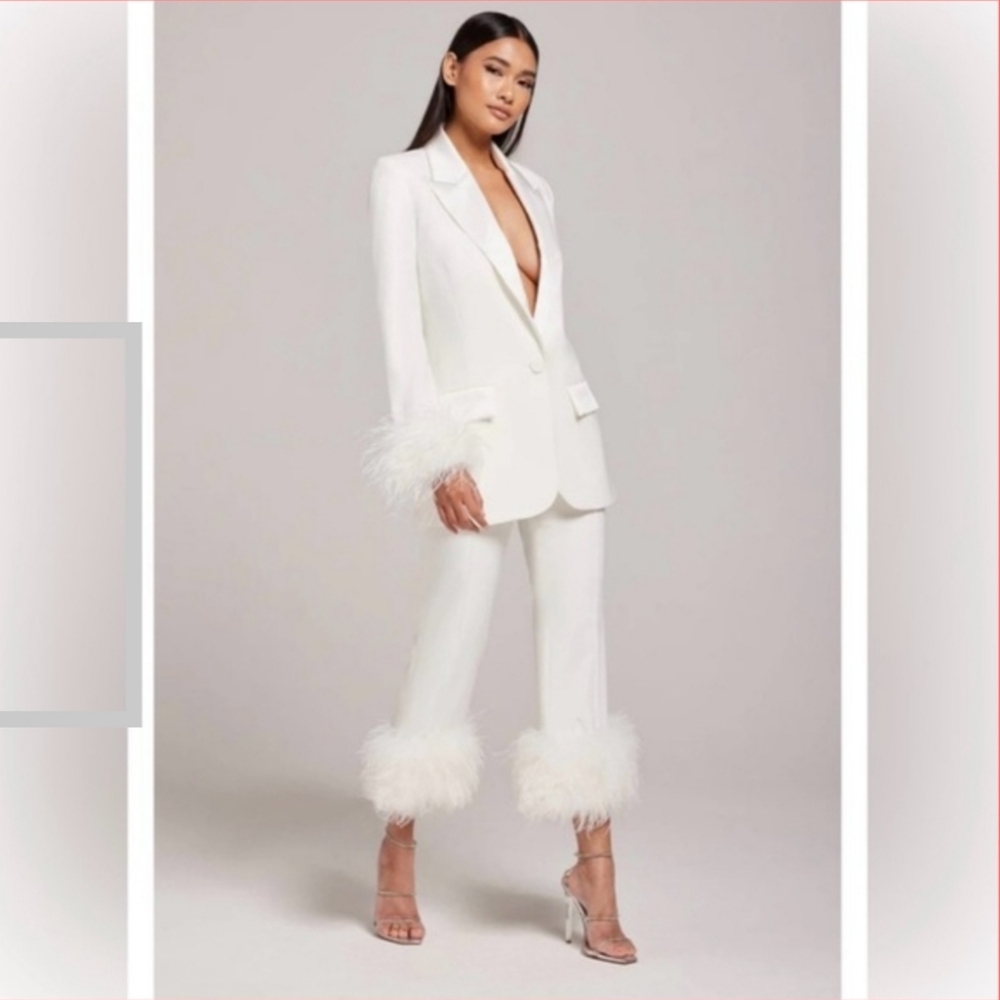 Nadine Merabi Margot White Feather Trimmed Pants Size Small/medium